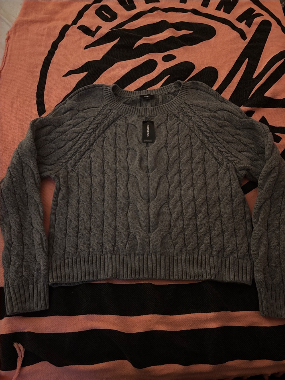 Express Gray Cable-Knit Crewneck Sweater